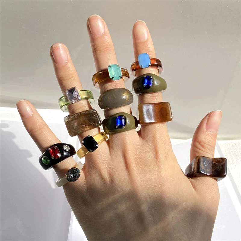 Resin Acrylic Rings Korean Creative Geometric Square Round Irregular Ring